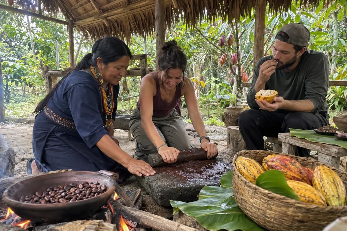 Una anfitriona enseña a una viajera a moler cacao sobre una piedra, mientras otro viajero prueba la pulpa de una mazorca.