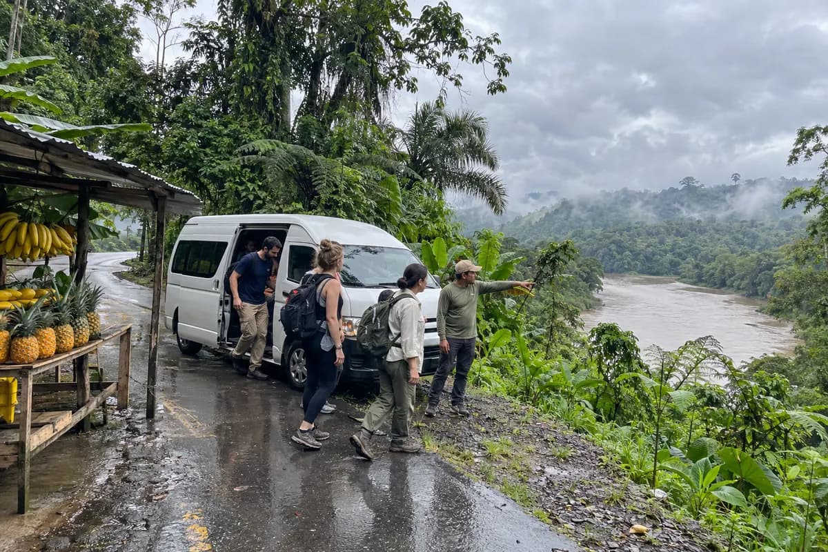 Grupo de viajeros bajando de una furgoneta junto a un puesto de frutas, mientras el guía señala un río en la selva.