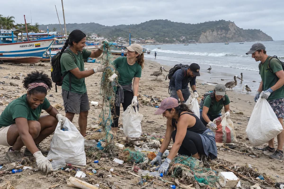 Voluntarios recogiendo basura y redes de pesca en la playa de Puerto López.